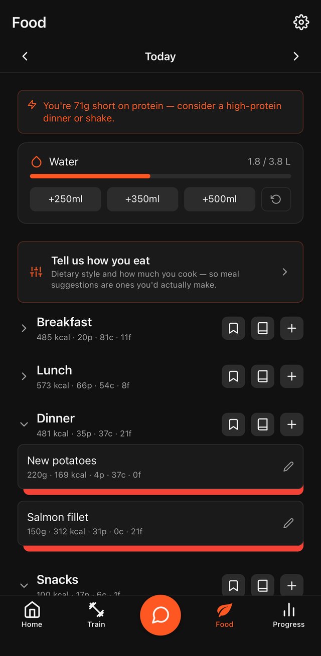 The Food tab showing calories and macros against the day's targets, water intake, and meals logged for breakfast, lunch and dinner.
