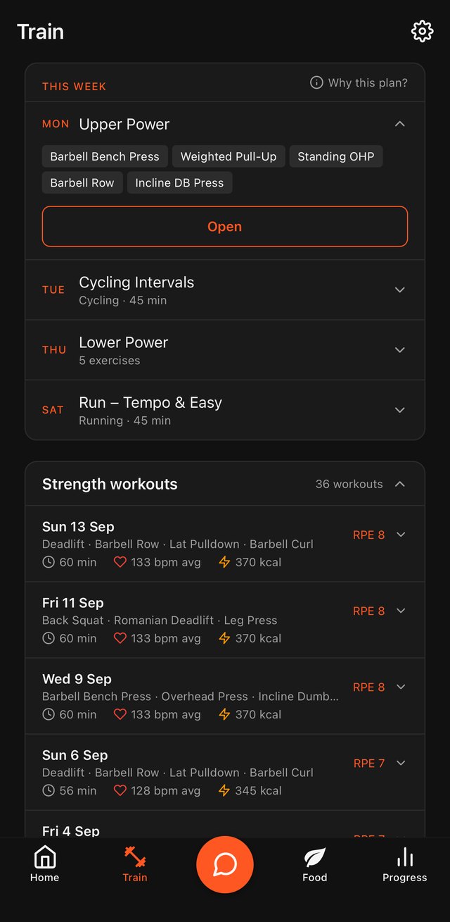 The Train tab showing the week's sessions — upper power, cycling intervals, lower power and a run — above a history of thirty-six logged strength workouts.